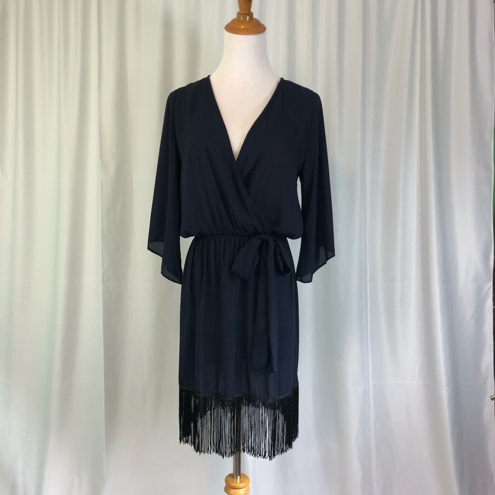 Fringe Hem Faux Wrap Dress